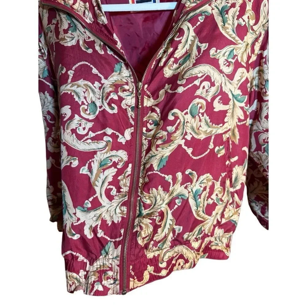 EVR DIV Rousso Apparel Vintage 100% Silk Women's Bomber Jacket Leaves Tan Red Sz